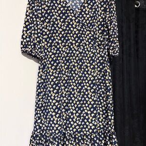 Remplie Navy & Mustard Geometric Diamond Faux Wrap Ruffle Mini Dress